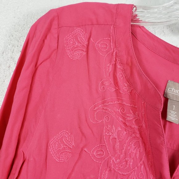 Chico's Women's Coral Pink Embroidered Henley Style Button Down Shirt Top Blouse - Picture 3 of 13